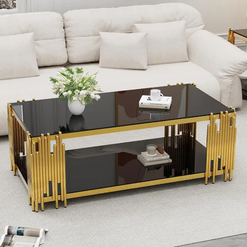 Vista 15 de Mesa de centro de cristal negro de 43 pulgadas, mesa moderna para sala de estar, acero inoxidable dorado, patas de metal, rectangular, de vidrio