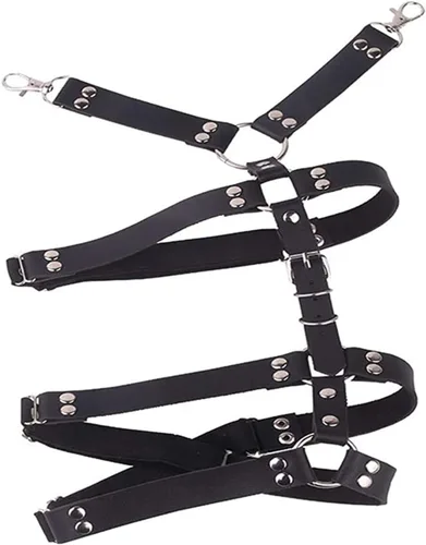 Vista 2 de Arnés de cuero para piernas, estilo punk, negro, ligueros, rave, club, fiesta, muslo, cadena para piernas, joyería para el cuerpo para mujeres