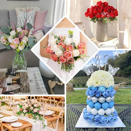 Vista 5 de Efavormart - Paquete de 3 ramos de rosas artificiales de tacto real burdeos de 13 pulgadas, arreglos florales de seda Borgoña
