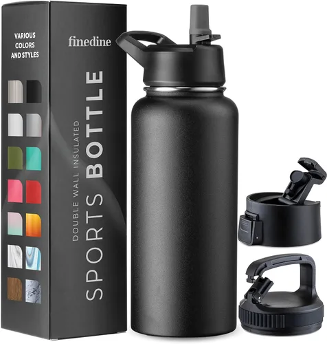 Vista 47 de FineDine Botellas de agua aisladas de triple pared con popote, botella de metal de acero inoxidable de 25 onzas con 3 tapas a prueba de fugas
