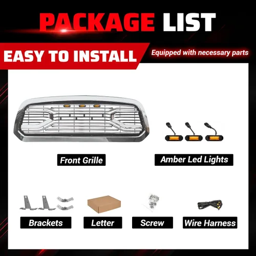 Vista 3 de Rejilla delantera compatible con RAM 1500 Big Horn Style 2013 2014 2015 2016 2017 2018, rejilla de repuesto con letras y luces LED, cromada