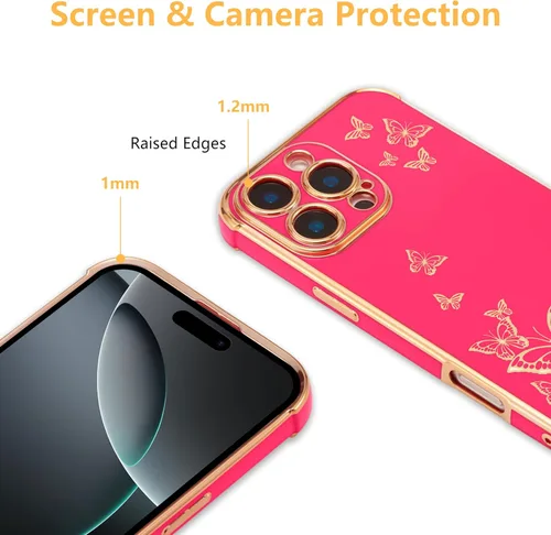 Vista 11 de ZTOFERA Funda protectora para iPhone 16 Pro, funda protectora para mujer, linda mariposa galvanizada, borde dorado, a prueba de golpes, delgada