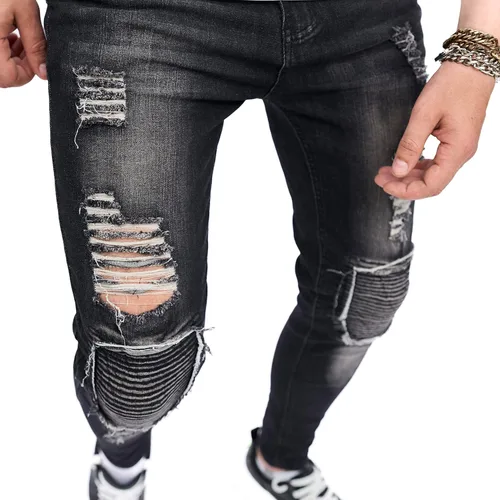 Vista 3 de Jeans elásticos ajustados para hombre, jeans ajustados rasgados para hombre, desgastados de pierna recta, pantalones cómodos para hombre