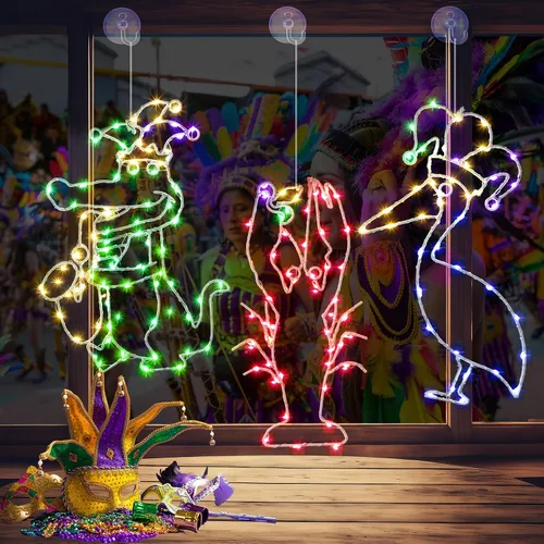 Vista 8 de Rossesay 2 luces de ventana de Mardi Gras, decoración de ventana de Mardi Gras, flor de lis, luz colgante con ventosa, control remoto, funciona