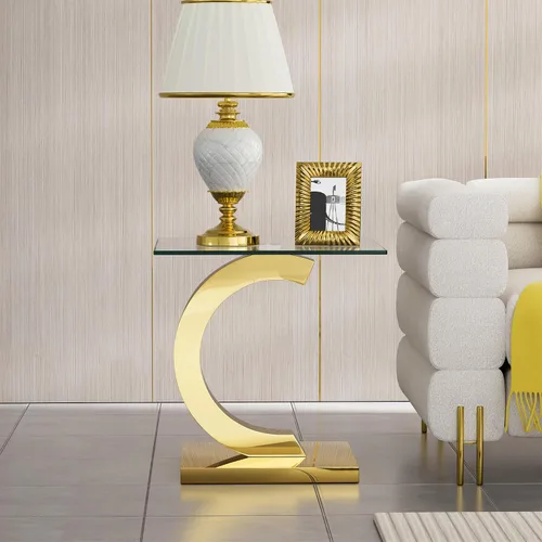 Vista 3 de Mesa auxiliar de cristal dorado de lujo, moderna mesa de centro cuadrada para sofá con base de acero inoxidable con espejo brillante, mesa de noche