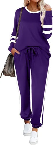 Vista 2 de Aloodor conjunto deportivo de 2 piezas para mujer, con sudadera con cuello redondo, sin botones