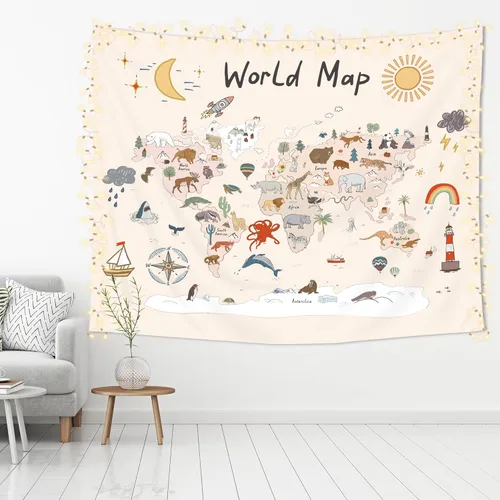 Vista 4 de Imirell Tapiz de mapa del mundo para niños, 59 pulgadas de ancho x 51 pulgadas de alto, lindo animal de dibujos animados, herramienta de aprendizaje