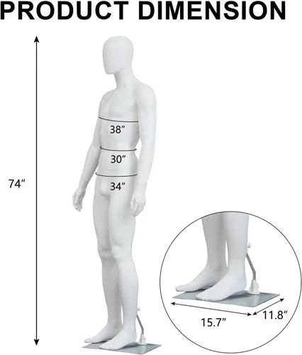 Vista 9 de Maniquí masculino de 6 pies con forma de cuerpo completo para vestido, soporte ajustable y posable, maniquí torso con base de metal, blanco