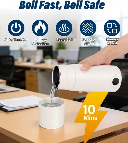 Vista 4 de Hervidor eléctrico portátil para viajes, hervidor de acero inoxidable 316, caldera de agua caliente con tapa y taza 2 en 1, hervidor de té de viaje