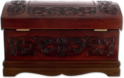 Vista 6 de NOVICA Caja de joyería de madera y cuero labrado Mohena con temática colonial, legado colonial