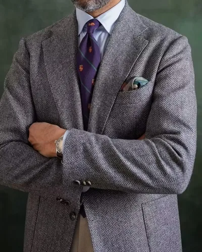 Vista 8 de HUUTOE Chaqueta de tweed para hombre, estilo vintage, casual, espiga, traje de tweed, dos botones, solapa con muesca y solapa, abrigo deportivo