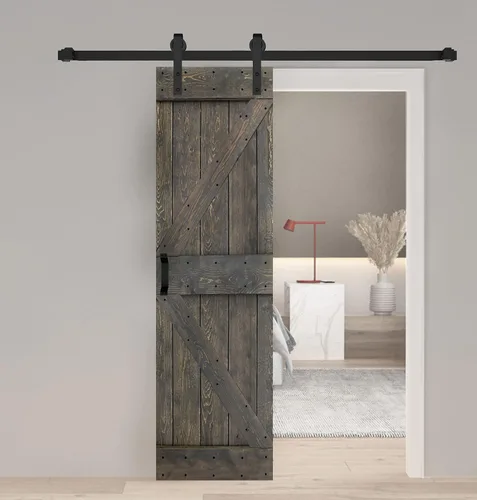 Vista 31 de Serie K. Puerta corredera de granero de madera maciza acabada con kit de herrajes (marrón/nogal, 24 x 84 pulgadas)