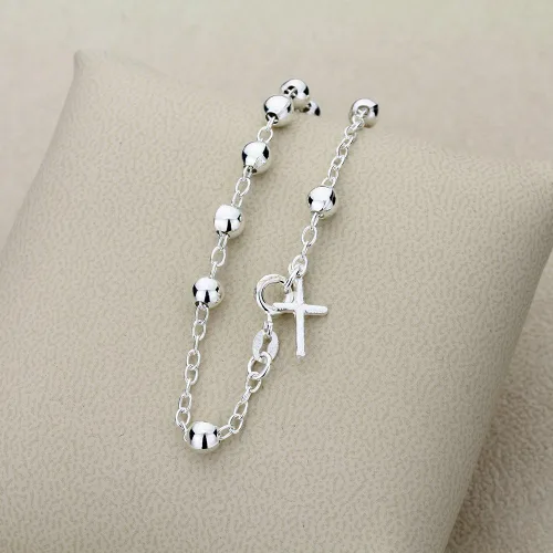 Vista 2 de Pulsera de plata de ley de 0.197in con cuentas de cruz lisa (7,25, 7,5 pulgadas)