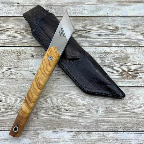 Vista 8 de Cuchillo Kiridashi, cuchillo japonés para tallar madera N690 de 1/8 de pulgada, hoja de acero N690, mango de madera de nogal o olivo con funda
