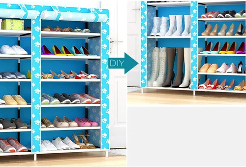Vista 5 de Zapatero de 2 filas de metal, cubierta de tela multicapa a prueba de polvo, organizador de almacenamiento para dormitorio, sala de estar, puerta
