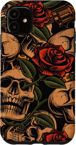 Vista 8 de Funda con diseño de tatuajes de flash tradicional para iPhone 17 con diseño retro rojo de rosas de calavera