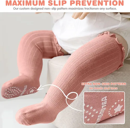 Vista 2 de Aaronano Calcetines hasta la rodilla para bebé niña, calcetines antideslizantes para niños pequeños, tubo con volantes, uniforme para recién