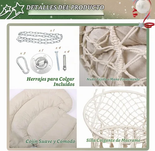 Vista 3 de Silla hamaca con cojín, silla columpio de macramé hecha a mano con kits de accesorios para colgar, estilo bohemio, silla colgante de cuerda de Beige