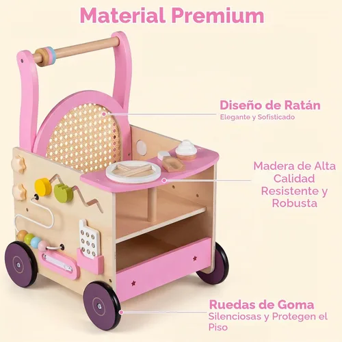 Vista 5 de OLAKIDS Andador de madera para bebés con centro de actividades, juguete Andador de pie con cochecito de muñeca, laberinto de cuentas, engranajes