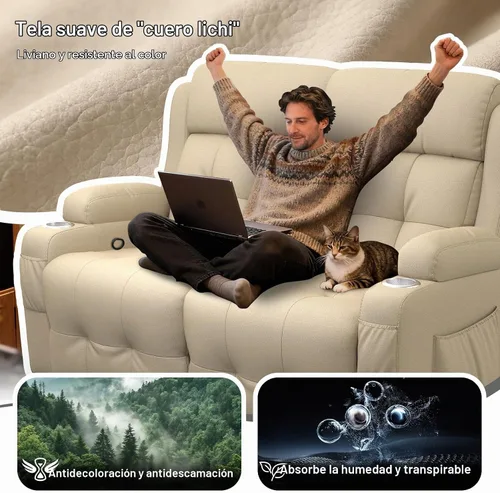 Vista 8 de Sofá reclinable de dos plazas para cine en casa, sofá reclinable de pared con USB, portavasos, sillón reclinable de tela de guijarros, sofá cama