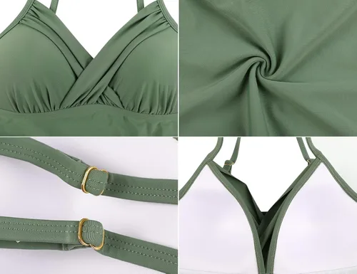 Vista 5 de Tankini para mujer, cuello en V, parte superior de natación fruncida con control de abdomen verde claro (Light Army Green)