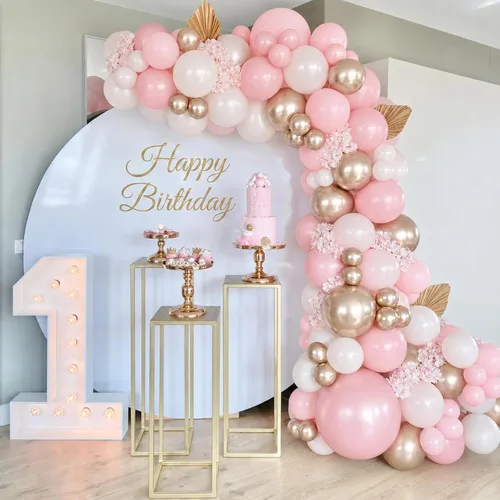 Vista 3 de Globos rosa y dorado, globo de látex rosa claro pastel de 12 pulgadas y blanco arena perla con globo metálico dorado champán beige para princesas