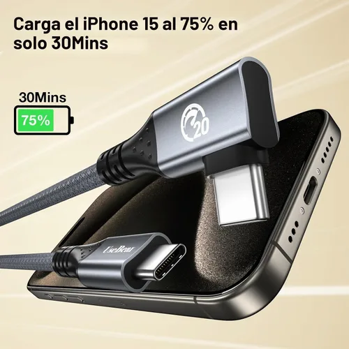 Vista 5 de Cable USB C de ángulo recto de 1 pie, 12 pulgadas 240 W corto USBC a USBC Gris