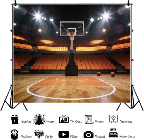 Vista 5 de Telón de fondo de baloncesto para decoración de fiesta de baloncesto, pancarta de 5 x 3 pies, foco de estadio, fotografía, telón de fondo