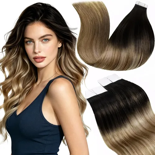 Vista 15 de LaaVoo Extensiones adhesivas de cabello humano real, color negro azabache, extensiones de cabello humano liso y sedoso, 10 pulgadas, 20