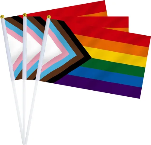 Vista 7 de Bandera bisexual con bandera bi, pequeña mini banderas de mano con orgullo bisexual en palos para desfiles, fiestas, festivales y decoraciones