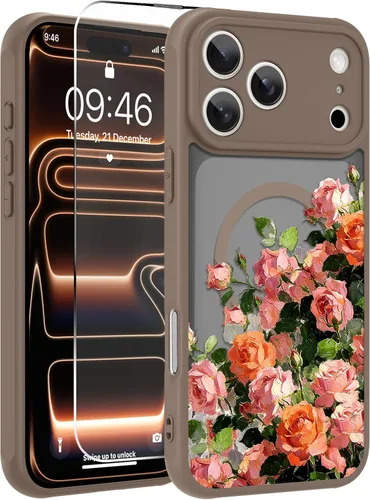 Vista 97 de OOK Funda magnética para iPhone 13 Pro Max [compatible con MagSafe] Funda delgada translúcida mate con flor silvestre negra, protección para lente