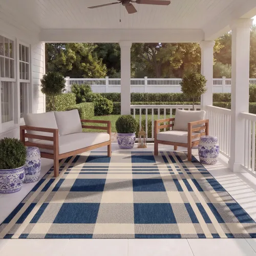 Vista 114 de SAFAVIEH Alfombra Lavable para Exteriores Colección Courtyard - 2'3" x 4', Beige y Azul, Patrón a Cuadros, No Desprende Pelusa y Fácil Limpieza