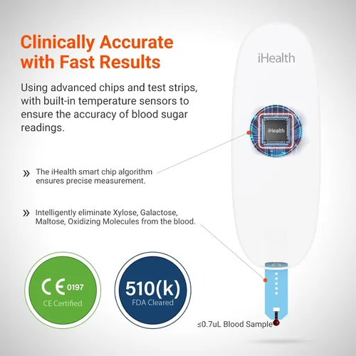 Vista 9 de Kit de monitorización de glucosa inalámbrico inteligente iHealth Gluco+ con aplicación gratuita, 100 tiras de glucómetro, 100 lancetas, 1 monitor