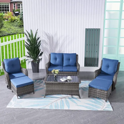 Vista 114 de HUMMUH Juego de 2 Sillas Giratorias Mecedoras de Mimbre para Patio Exterior, Juego de Muebles de Sillas Mecedoras de Ratán (Marrón, Azul) 50,000