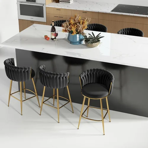 Vista 30 de ABET Taburete de Bar Dorado 1UN, Taburetes Giratorios de Terciopelo, Taburetes de Altura Ajustable con Respaldo Tejido, Taburetes de Cocina Modernos