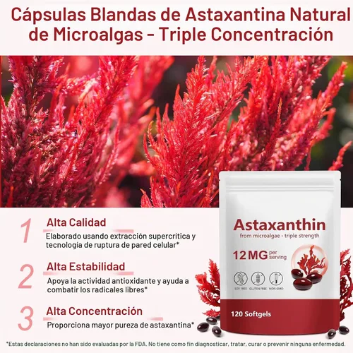 Vista 9 de Astaxantina 12 mg, Astaxantina 120 cápsulas blandas premium, extraídas naturalmente de Haematococcus pluvialis Suministro de 4 meses
