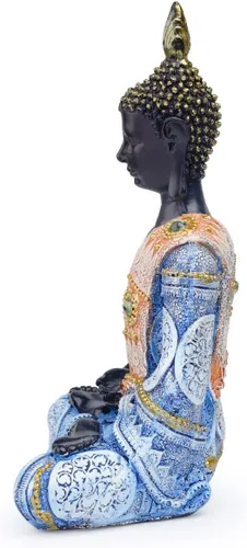 Vista 3 de Escultura meditadora de Buda Polystone, estatuas de Buda pintadas a mano, estatuas de Buda para el hogar, decoración de meditación, decoración Azul