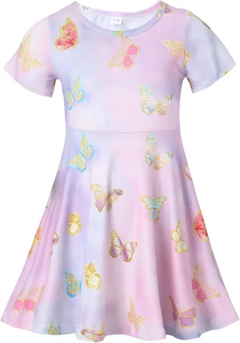 Vista 25 de Vestidos para niñas con estampado lindo, de manga corta, vestidos casuales de verano para niñas de 4 a 10 años