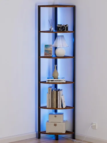 Vista 10 de Furnulem Estante esquinero de 6 niveles con luz LED, organizador de estante de pie de 67.5 pulgadas de alto, estantería estrecha negra con estante