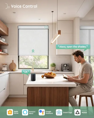 Vista 2 de Yoolax Persianas enrollables motorizadas con control remoto solar, filtro de luz, transparentes, persianas automáticas para ventanas