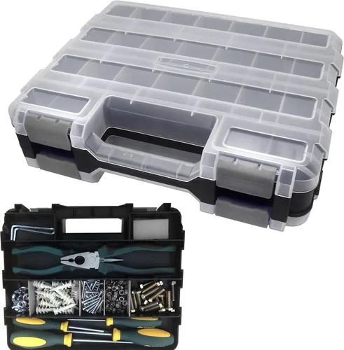 Vista 9 de Caja organizadora de herramientas, caja de almacenamiento de piezas pequeñas, 50 compartimentos, organizadores de hardware de doble cara