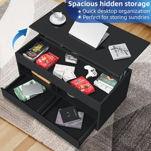Vista 8 de HOMMPA Morden - Mesa de centro LED de 40 pulgadas con tapa elevable, color negro brillante, con almacenamiento oculto, sala de estar, mesa de té