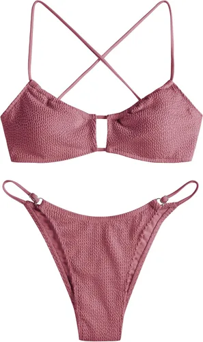 Vista 7 de ZAFUL Conjuntos de bikini para mujer, conjuntos de bikini recortados con cordones de 2 piezas