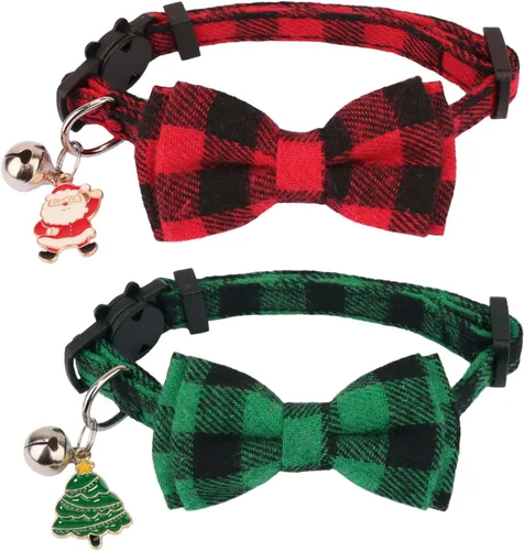 Vista 17 de PTDECOR Paquete de 2 Collares Navideños para Gatos, Collar de Gato Navideño con Corbatín y Campanilla Desmontables, Collares Navideños de Liberación