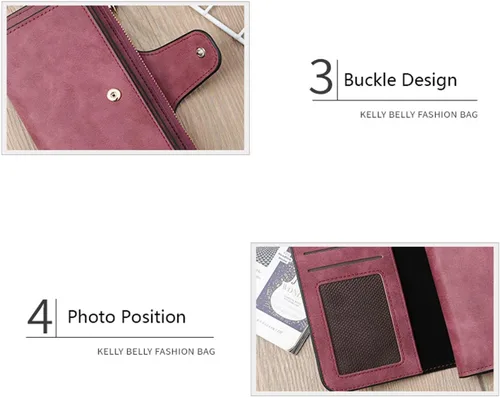 Vista 5 de Billetera para mujer, monedero esmerilado para mujer, multifuncional, larga, tarjetero, bolsa de viaje con cartera larga, Rosado, Cartera larga