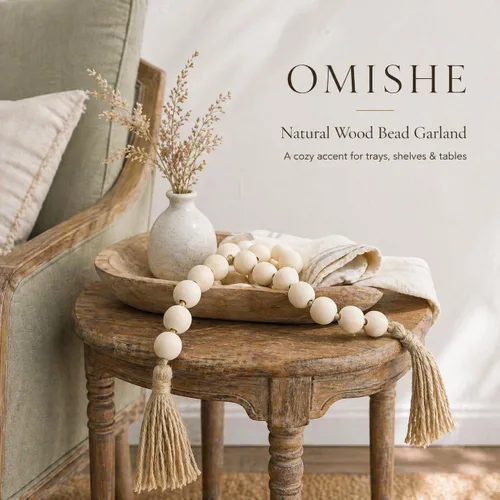 Vista 10 de OMISHE Guirnalda de cuentas de madera extra grande con cuentas de madera y borlas de 1.6 pulgadas de diámetro, cuentas decorativas rústicas de 41