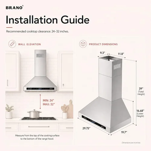 Vista 7 de Brano Range Hood 30 Inch Wall Mount, 900 CFM Ducted/Ductless Convertible, 4-Speed Stainless Steel Vent Hood, Voice Gesture Touch Control Panel