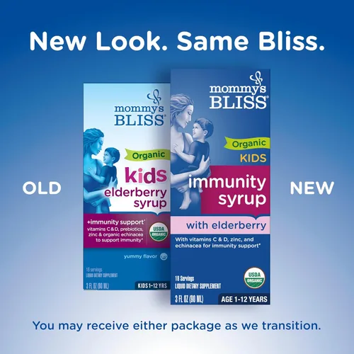 Vista 2 de Mommy's Bliss Jarabe de saúco orgánico y refuerzo de inmunidad con vitaminas, prebióticos y equinácea para niños y adultos de 1 año o más, 3 onzas
