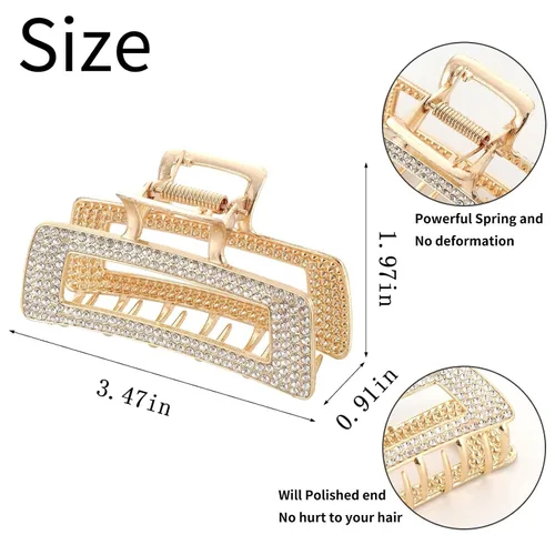 Vista 2 de WORTL Pinzas grandes de metal cuadradas de 3.5 pulgadas, paquete de 4 abrazaderas de pelo de diamantes de imitación para mujeres y más delgadas