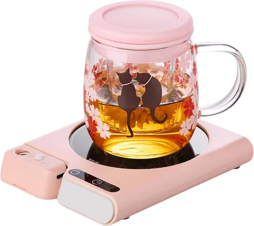 Vista 9 de Calentador de tazas con apagado automático de 4 horas, 3 ajustes de temperatura, calentador eléctrico rectangular negro esmerilado, panel de vidrio